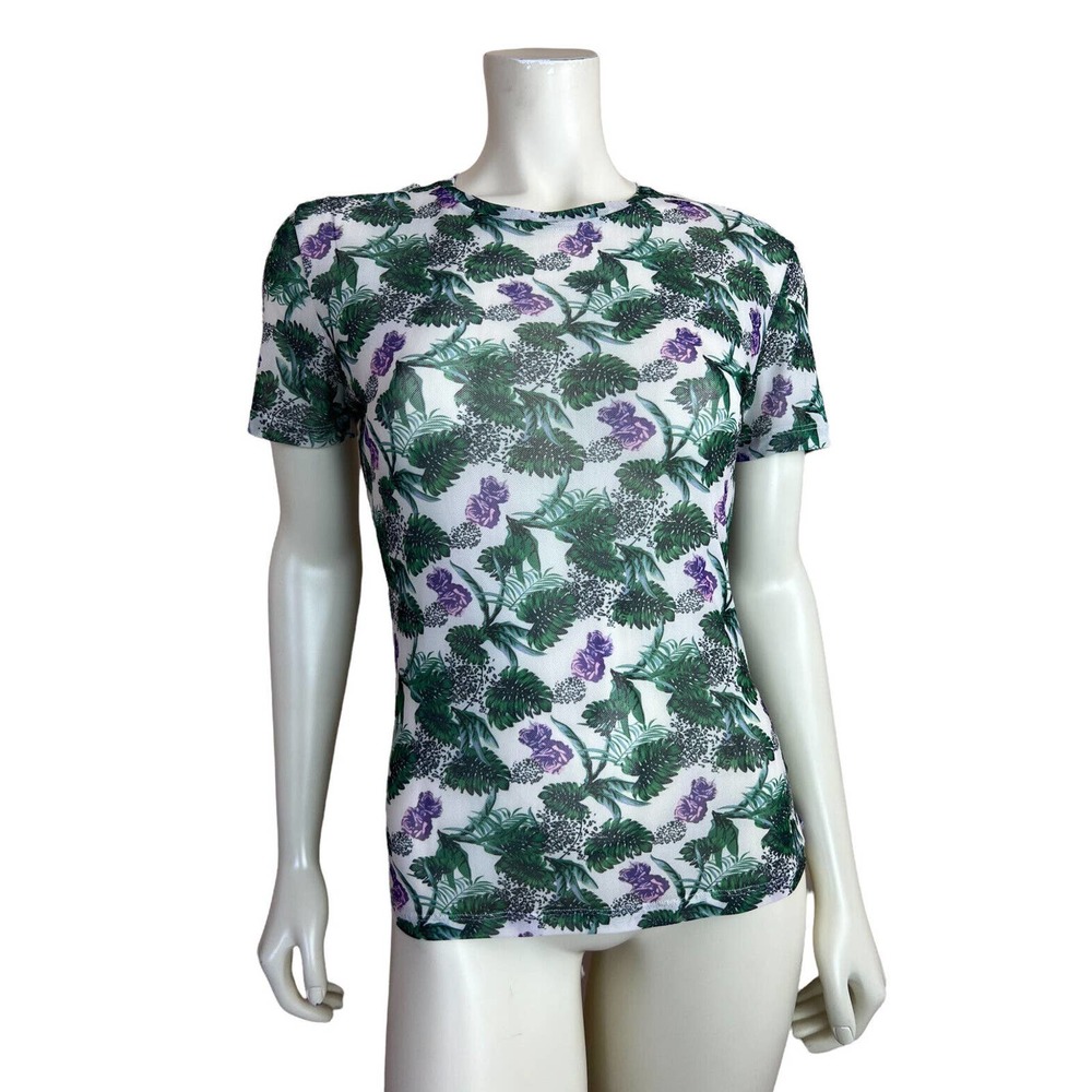 Maje Floral Printed Mesh Top Short Sleeve Shirt Crewneck White Green Purple M